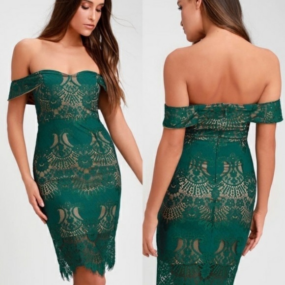 RYSE the Label Alex Dark Green Lace Off the Shoulder Bodycon Dress - Picture 1 of 12